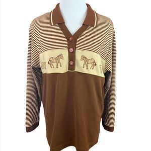 Vintage 80’s brown striped safari theme collar top